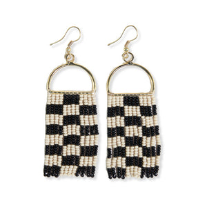Gold accented black and white checkered beaded dangle earring