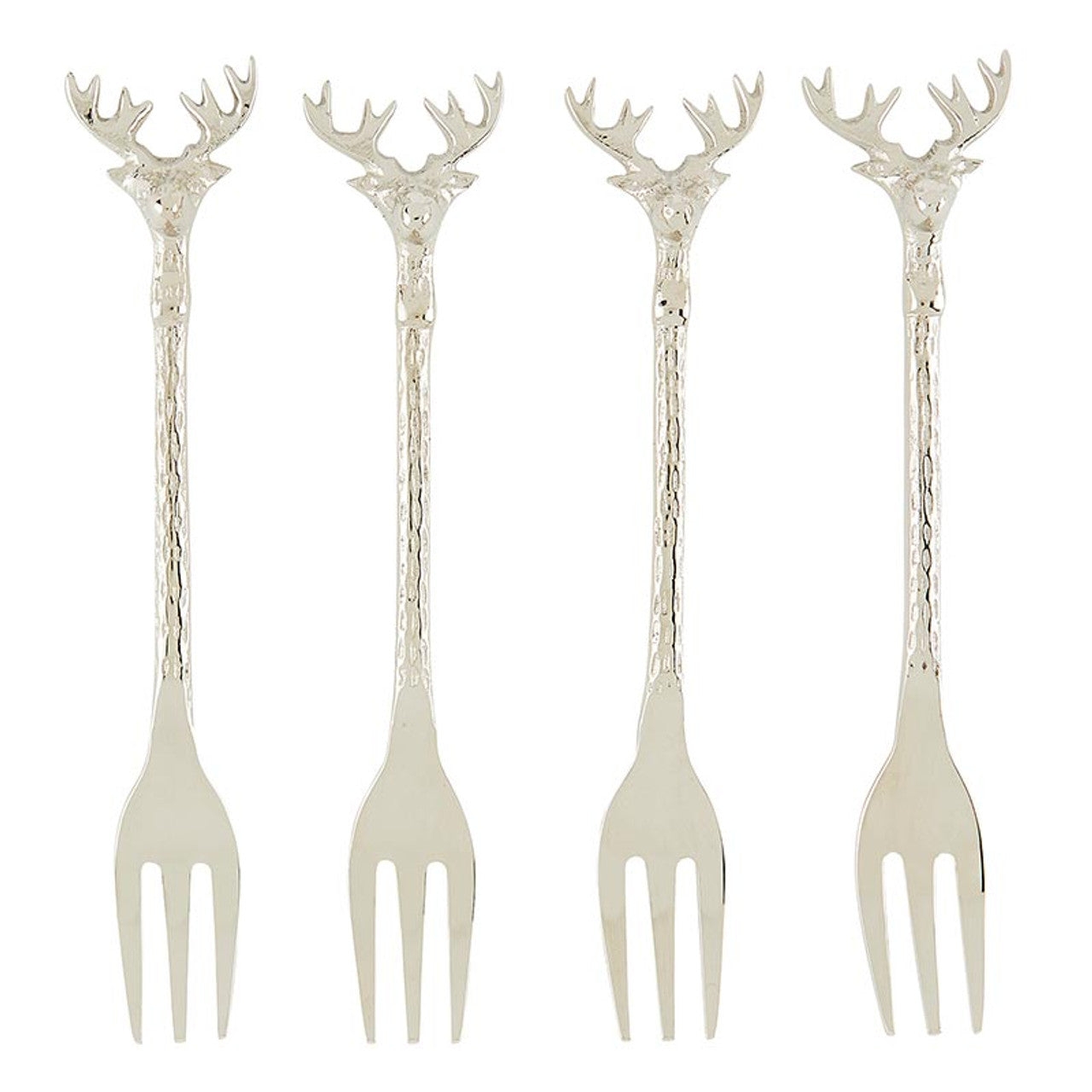 Four silver forks with stag heads on the handles