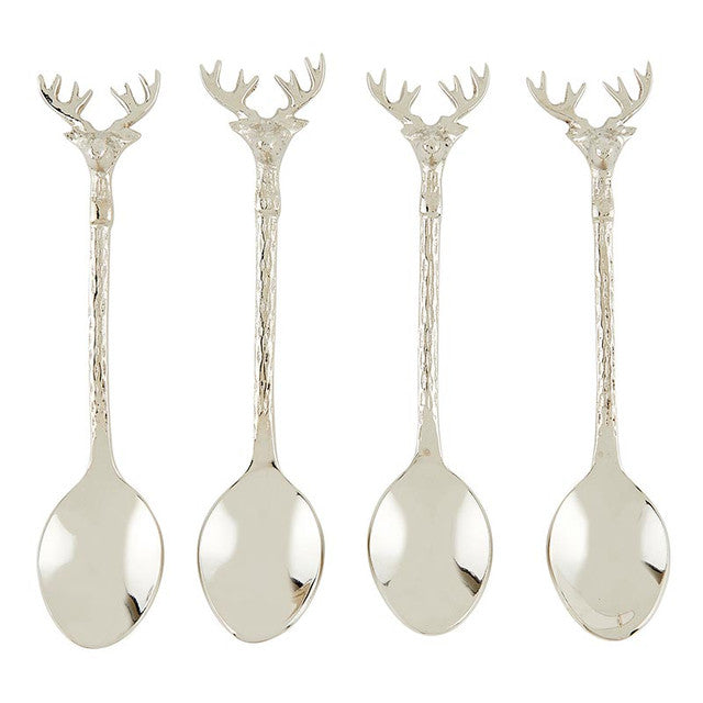 Four silver spoons with stag heads on the handles