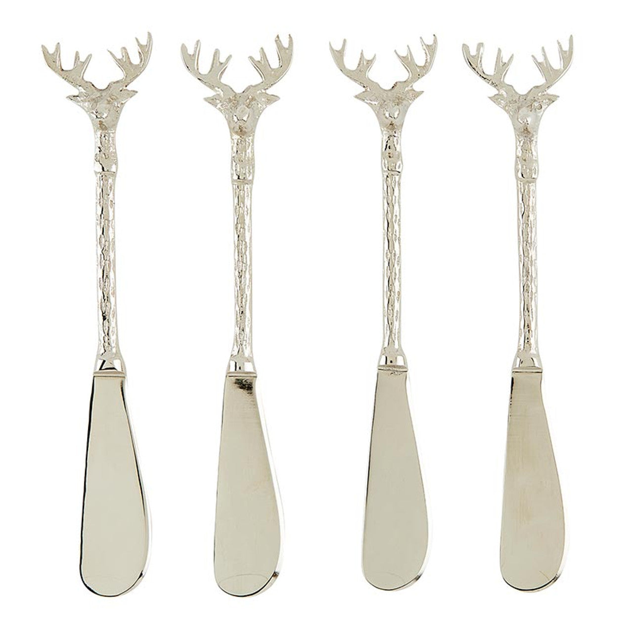 Four silver spreaders with stag heads on the handles