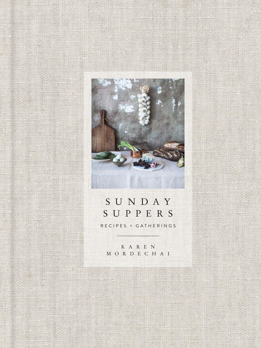 Linen wrapped front cover of cookbook "Sunday Suppers" by Karen Mordechai