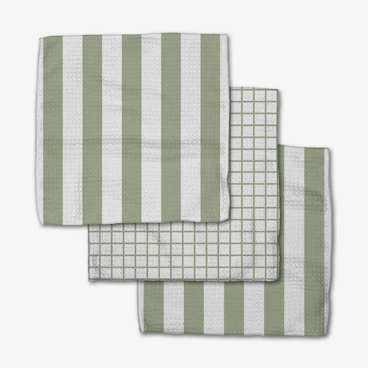 Set of three mint green and white stripe patterned dishcloth towels on a white background. Geometry. 