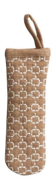 A beige and white geometric patterned pot handle holder with a matching fabric loop handle, shown against a plain white background.