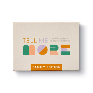 Box for 'Tell Me More' family edition game on a white background