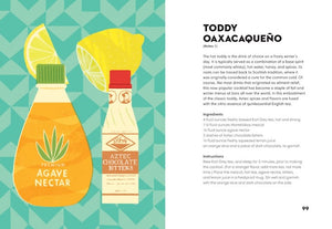 A printed recipe card titled 'TODDY OXACAQUENO' with a large illustration of a lime wedge, an orange circle labeled 'AGAVE NECTAR,' and a bottle of Agave Bitters, alongside ingredients and instructions text on a teal patterned background.