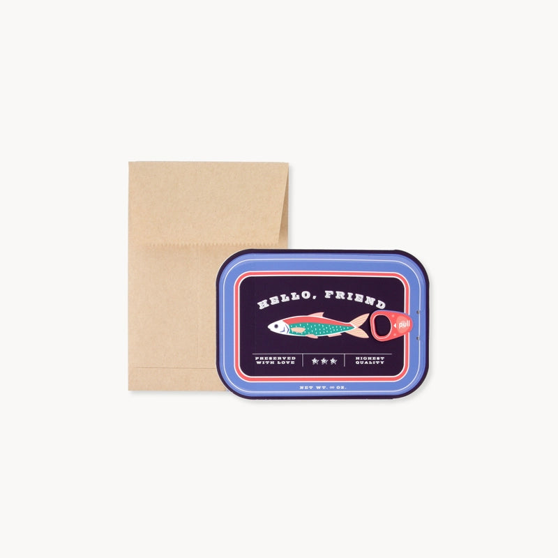 Pop up card with small sardine tin with fish illustration and 'Hello, Friend' text. 