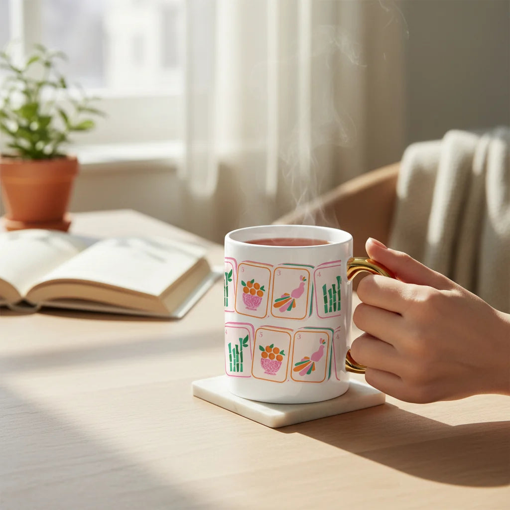 hand holding a ceramic mug with pink, orange, and green Mahjong themed tile printed designs on a marble square coaster. 