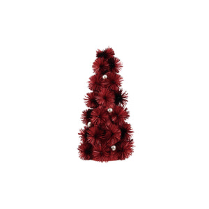 A small artificial Christmas tree in deep burgundy red, decorated with several small silver ornaments, isolated on a solid white background.