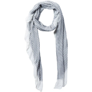 A lightweight scarf with thin horizontal gray stripes on a white background, styled in a loop against a plain white studio backdrop.