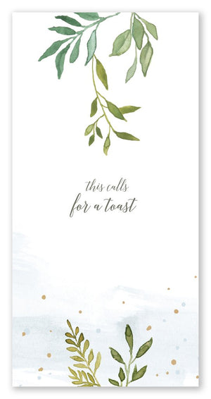 Greeting card with watercolor green leaf design, gold foil accents, and text 'this calls for a toast' on a white background.