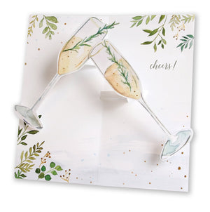 Pop up greeting card with two champagne glasses toasting and 'cheers!' text inside. 