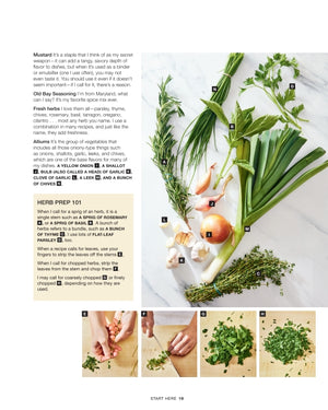 A printed recipe and ingredient guide page showing text about herb preparation, a large photo of fresh herbs and a garlic sprig, and a row of small photos demonstrating chopping, slicing, and seasoning herbs. This is not a clean product shot, not a person-centered lifestyle image, and not a measurement chart or color swatch; it functions as an informational/how-to page, so Instruction Diagram is the best fit.