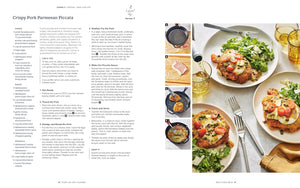 A two-page spread from a cookbook featuring the recipe for Crispy Pork Parmesan Piccata. The left page contains the ingredients list, prep instructions, cooking steps, and a small photo of raw ingredients.