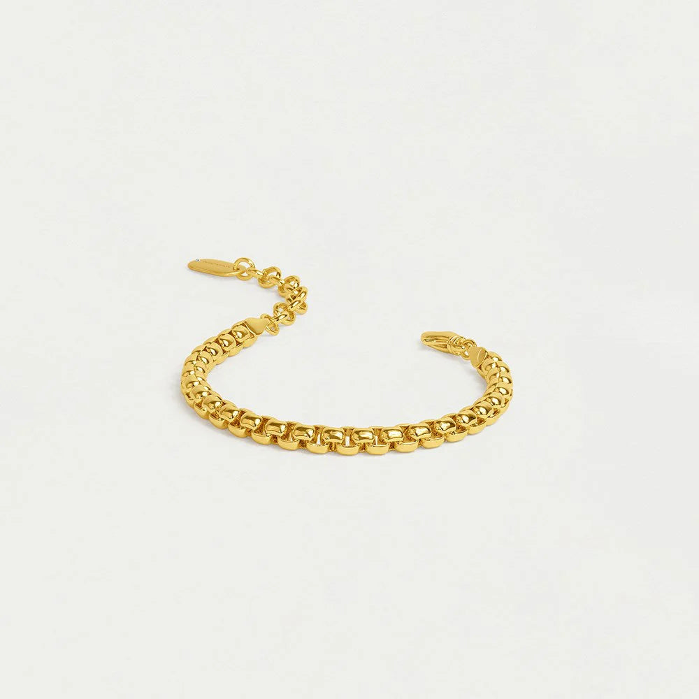 Gold box chain bracelet on a white background with clasp open. Dean Davidson Jewelry. 
