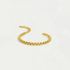 Gold box chain bracelet on a white background with clasp open. Dean Davidson Jewelry. 