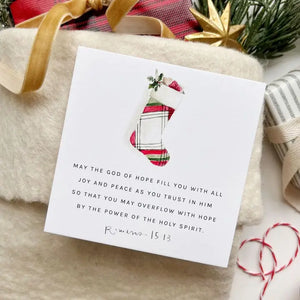Example of a card with a watercolored stocking and Romans 15:13