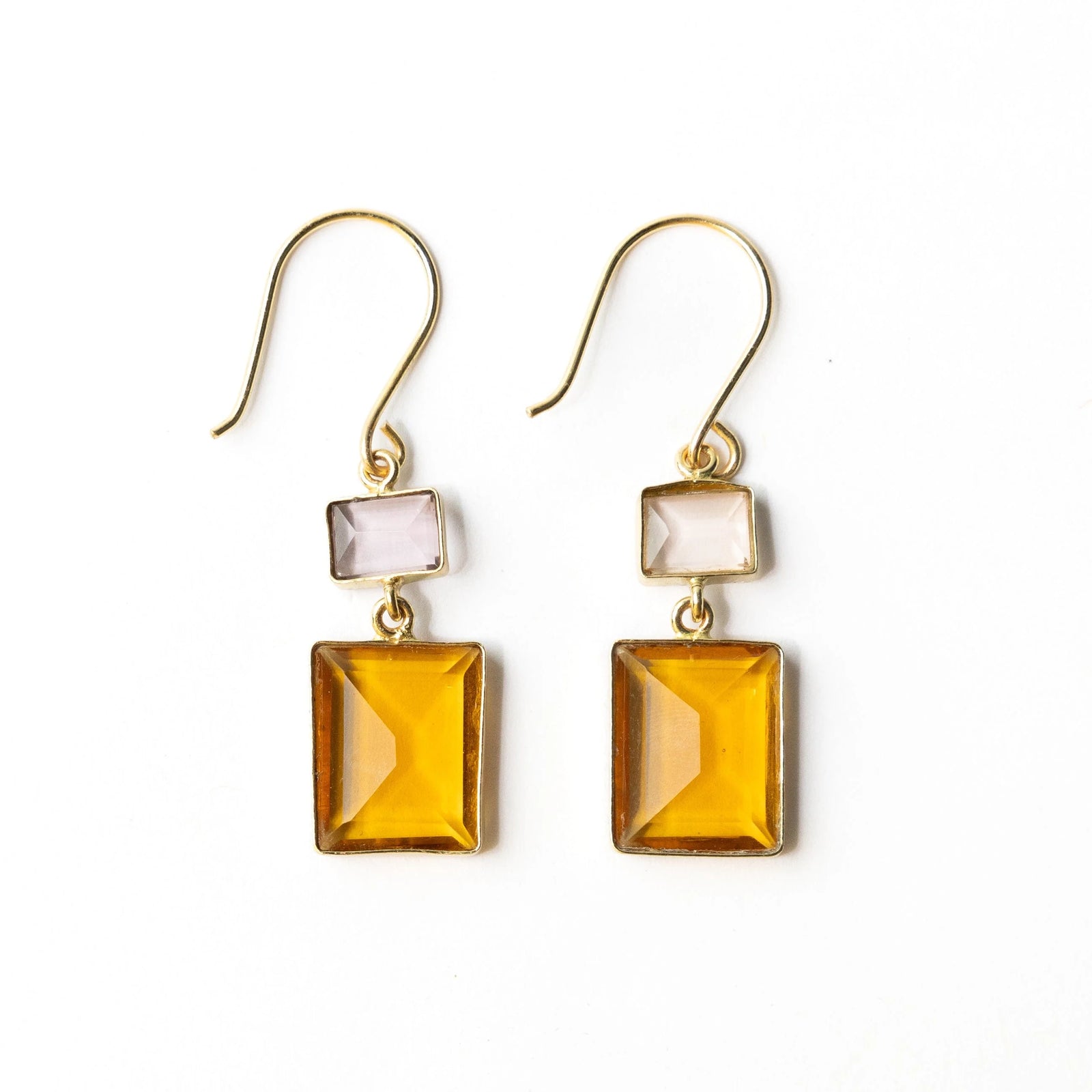 Two tone amber glass dangle earrings. Ink & Alloy.