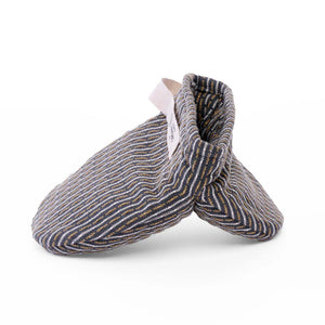 Pair of striped dark colored organic mini oven mitts on a white background. The Organic Company. 