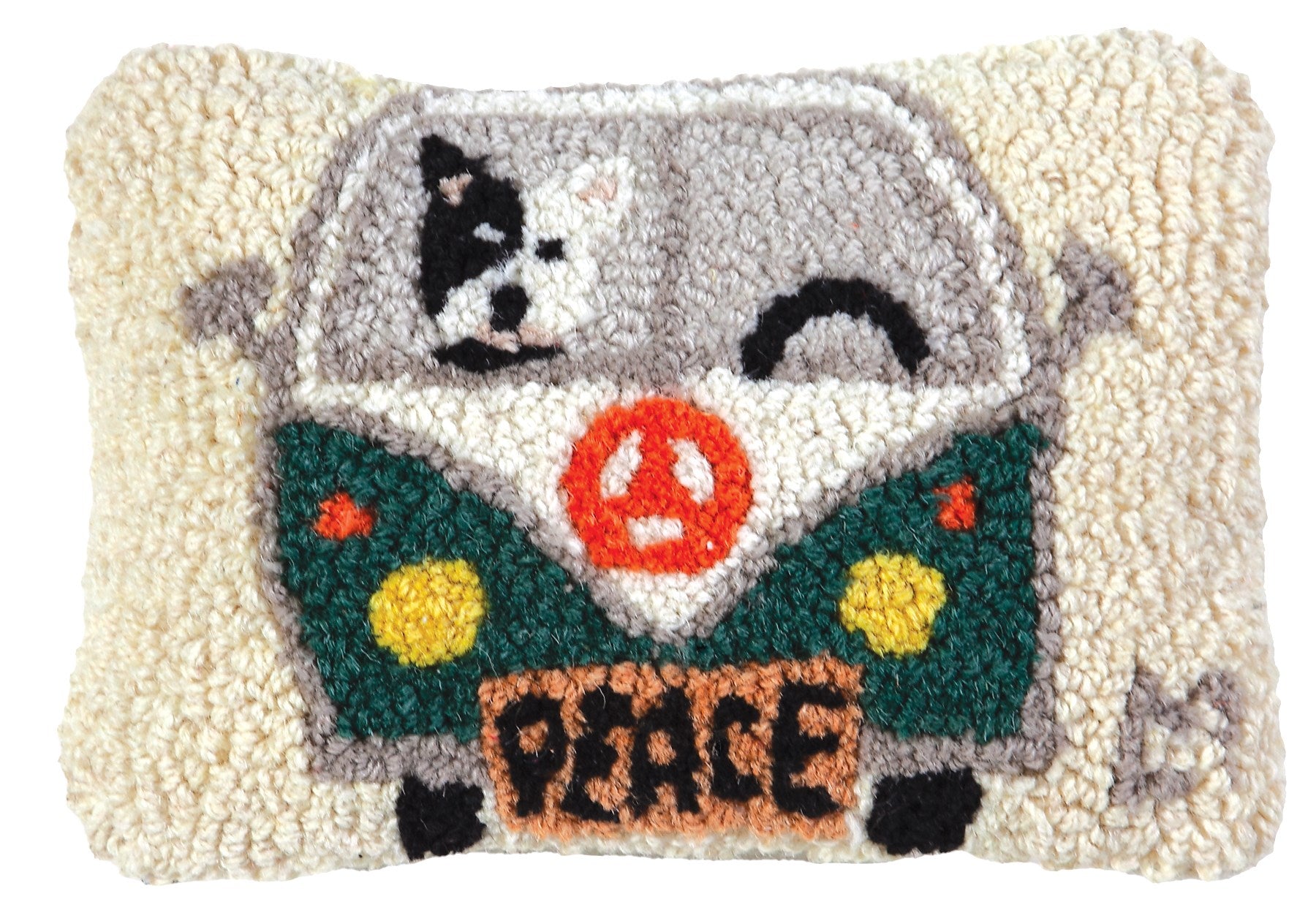 VW Peace Bus hand hooked wool pillow. Chandler 4 Corners. Sundance