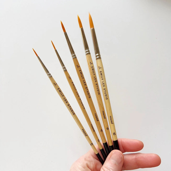 set of five watercolor paint brushes in varying sizes. Emily Lex studio. Arts and crafts. 