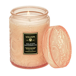 5.5 ounce etched glass jar candle in scent Kalahari Watermelon from Voluspa. 
