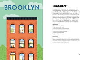 A printed page from a Brooklyn cocktail guide or recipe book, with the title BROOKLYN at the top, a large orange brick building illustration on the left, and text on the right listing ingredients and instructions.