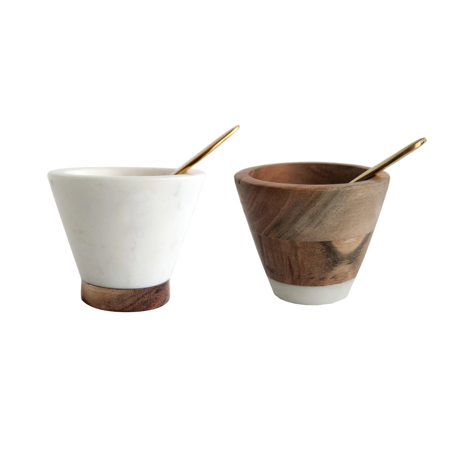 Set of white marble and mango wood pinch pots with brass spoon displayed. 