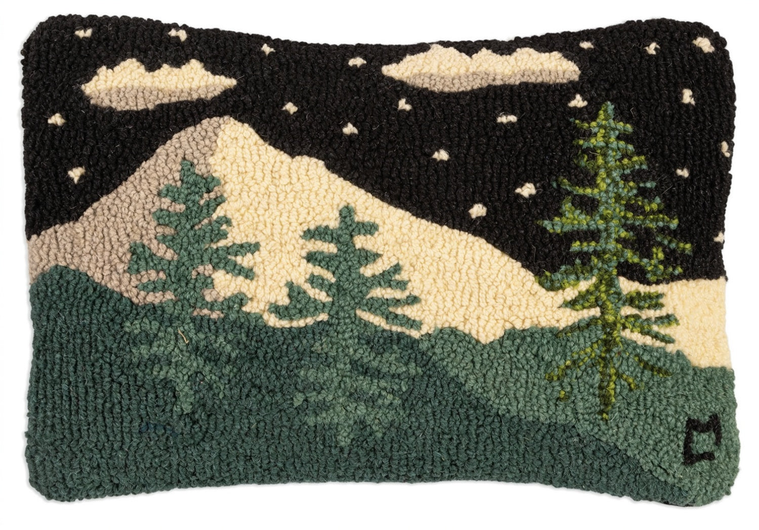 A rectangular hand-tufted rug featuring a mountain landscape with pine trees under a starry night sky. The design has a black night sky, cream-colored clouds and mountain peak, and green and dark green hills and trees.