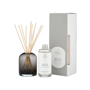 Diffuser set with bottle, sticks, and packaging on a white background