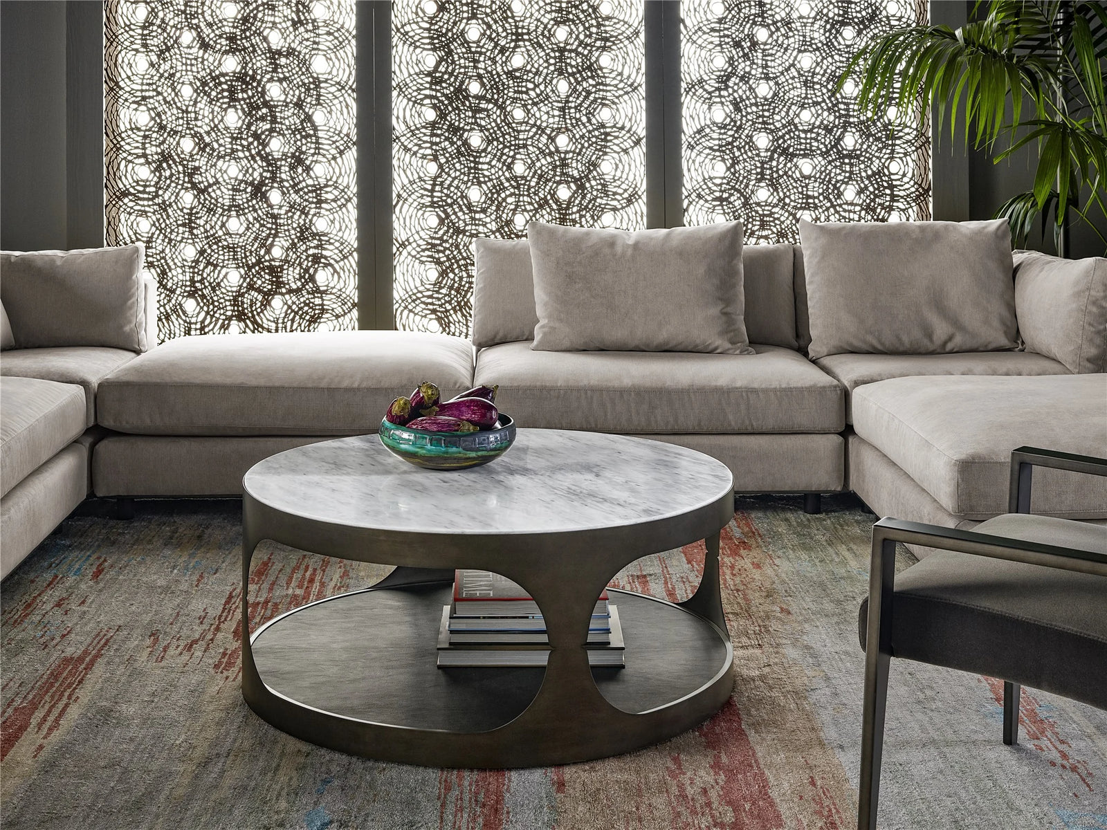  This combination of smooth stone, faux leather, and metal structure brings a striking focal point to any living room. Modern home decor. Marble coffee table. 