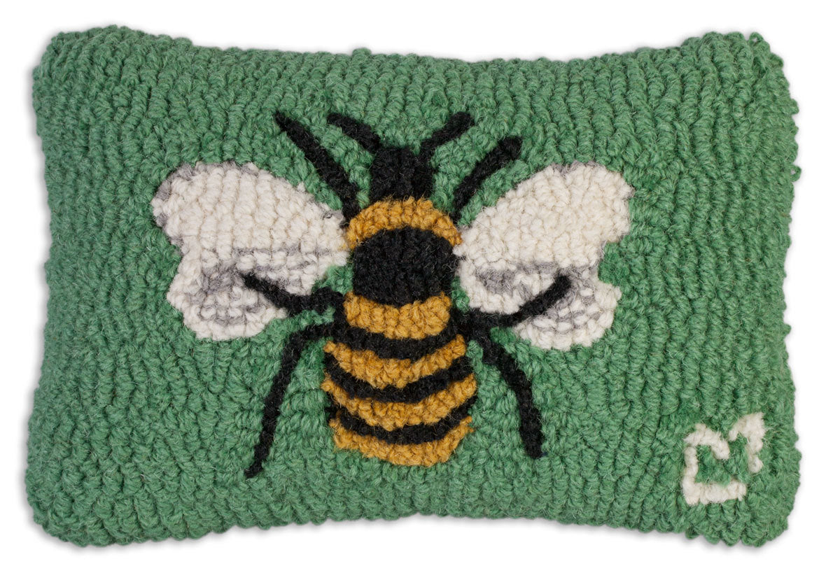 Hand hooked Green wool pillow with honey bee. Sundance. Chandler 4 Corner