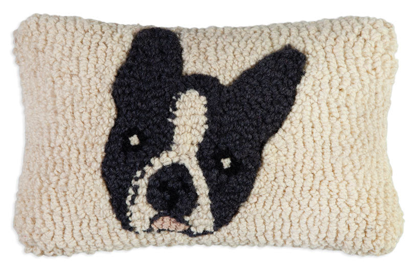 White Boston Terrier hand hooked New Zealand Wool Pillow. Chandler 4 Corners. Sundance