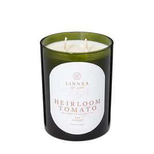 Ripe tomato, green stem, and soil infused organic soy candle. Linnea