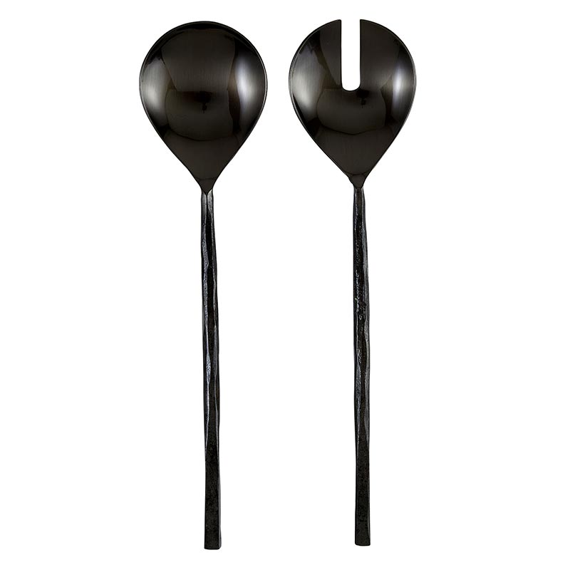 Hammered black stainless steel salad utensil set