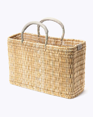 natural wicker tote bag with grey handle