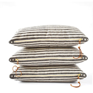 black and white striped linen pillow with leather tabs