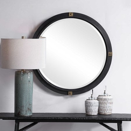 Industrial Round Mirror with Brass Accents