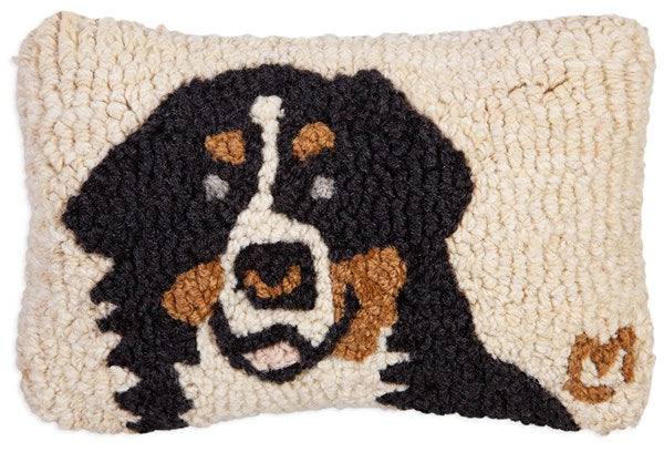 White, black, and brown Bernese Mountain Dog hand hooked New Zealand Wool Pillow. Chandler 4 Corners. Sundance