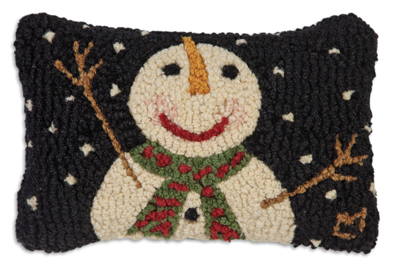 Hand hooked wool pillow with smiling white snowman. Sundance Catalog Snowman mini pillow . 