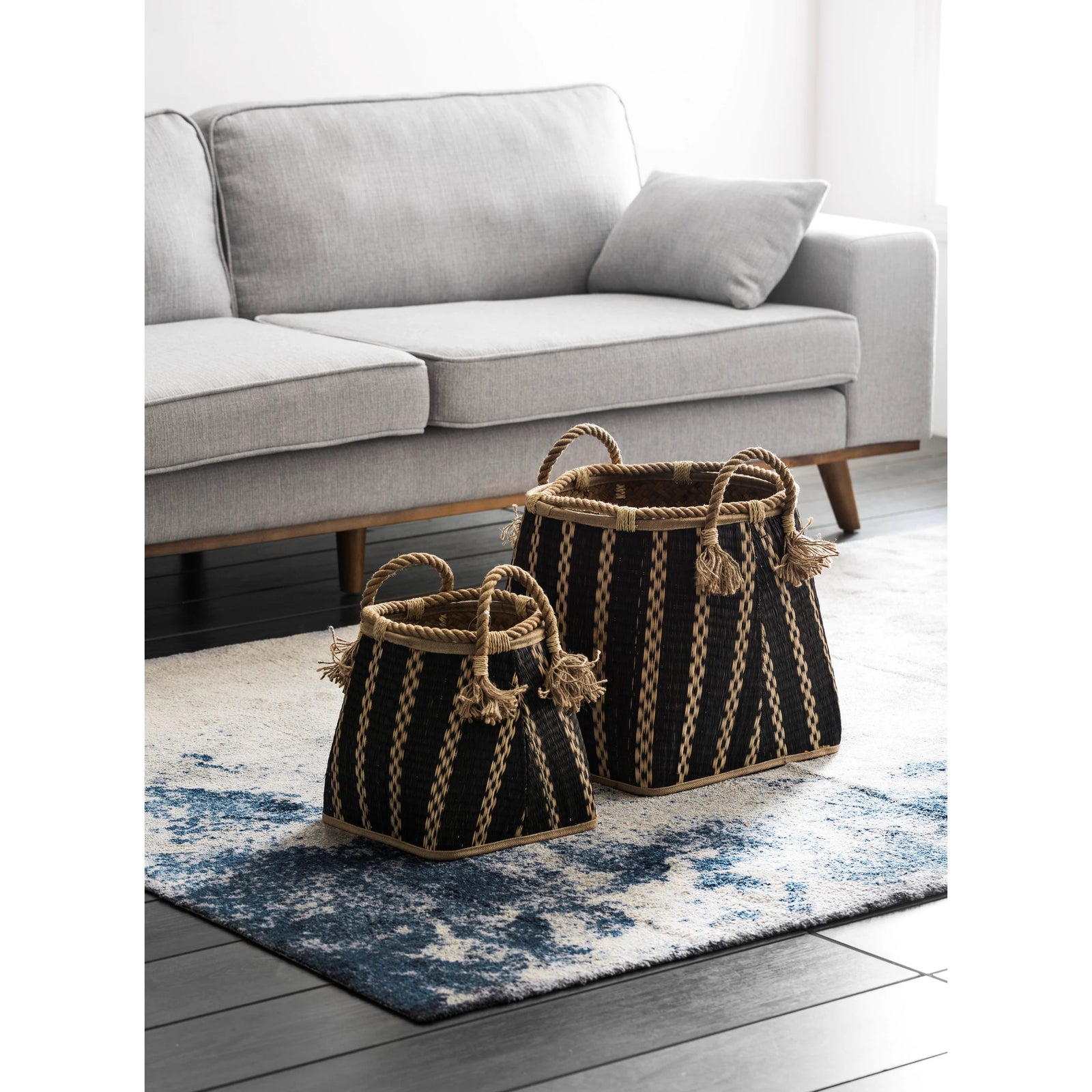 Mid Century modern black and natural wicker baskets