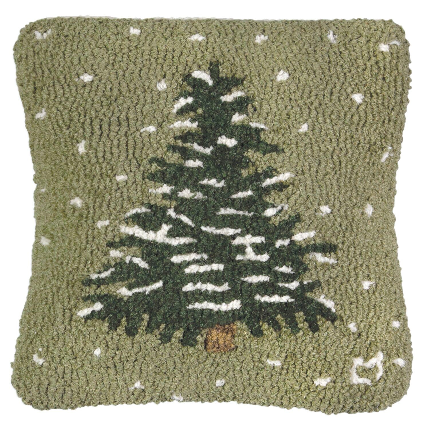 Hooked wool green and white Christmas tree pillow. Chandler 4 Corners. 