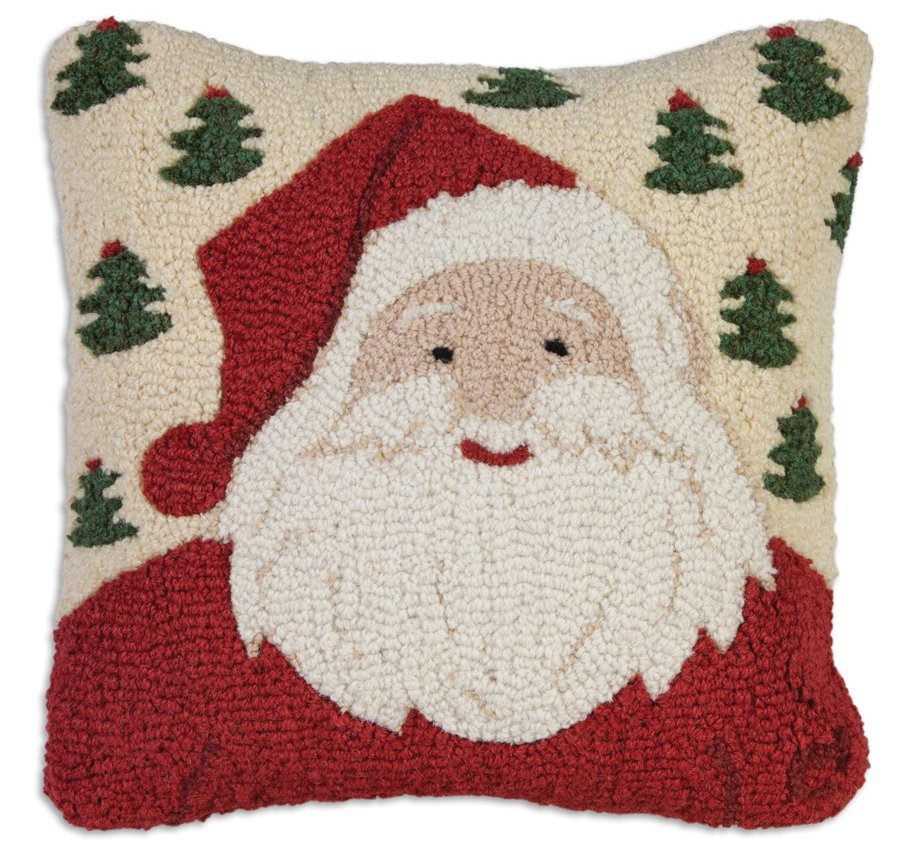 A wool pillow with a design of Santa Claus's face and green Christmas trees on a white background, with a red border.