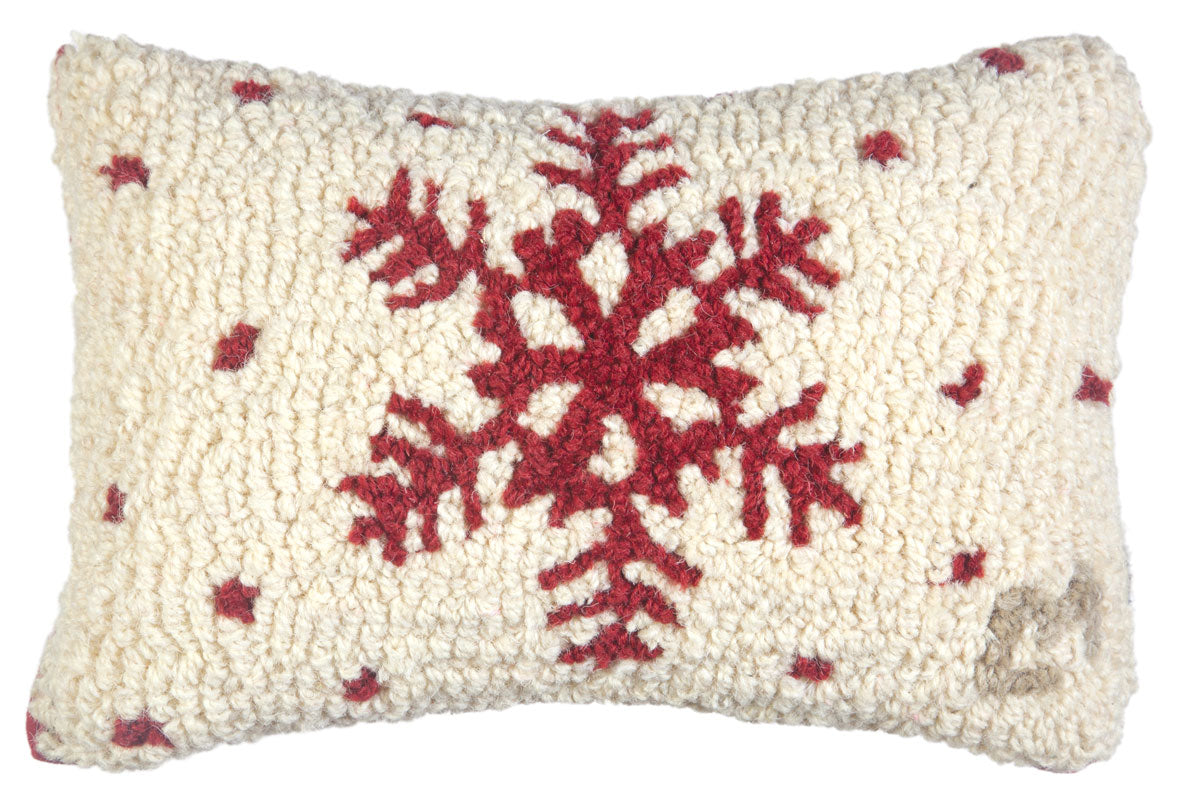 Red Snowflake wool hooked lumbar pillow. Chandler 4 Corners 