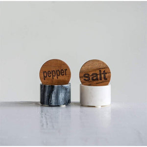 black and white marble salt and pepper holders with engraved wood lid
