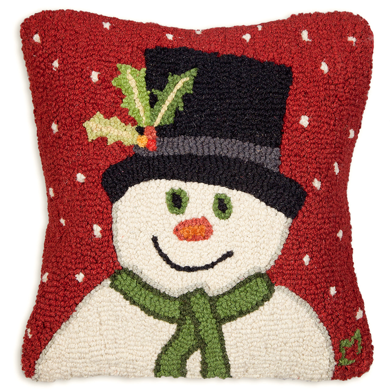 Wool snowman wearing black top hat pillow. Chandler 4 Corner. 