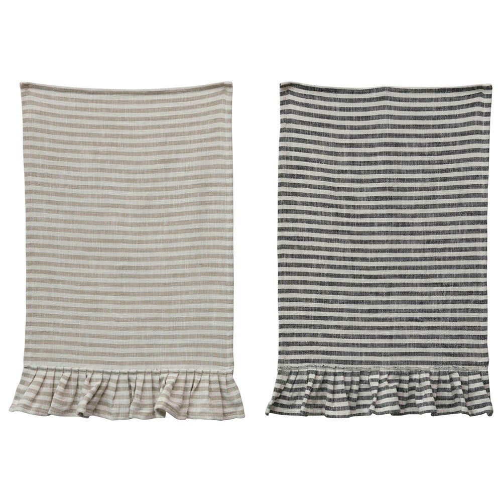 Striped tea towel in taupe and white with a cute ruffle at the bottom.