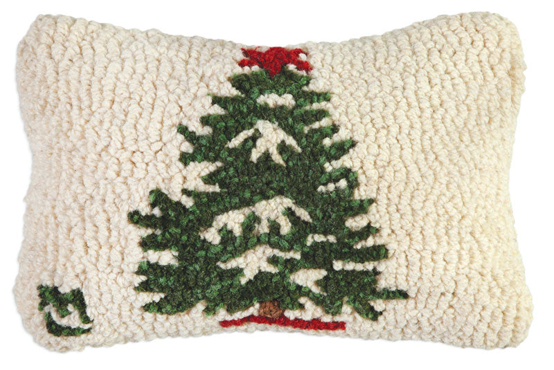 Hand hooked neutral colored wool Christmas tree pillow. Chandler 4 Corners. Sundance.  
